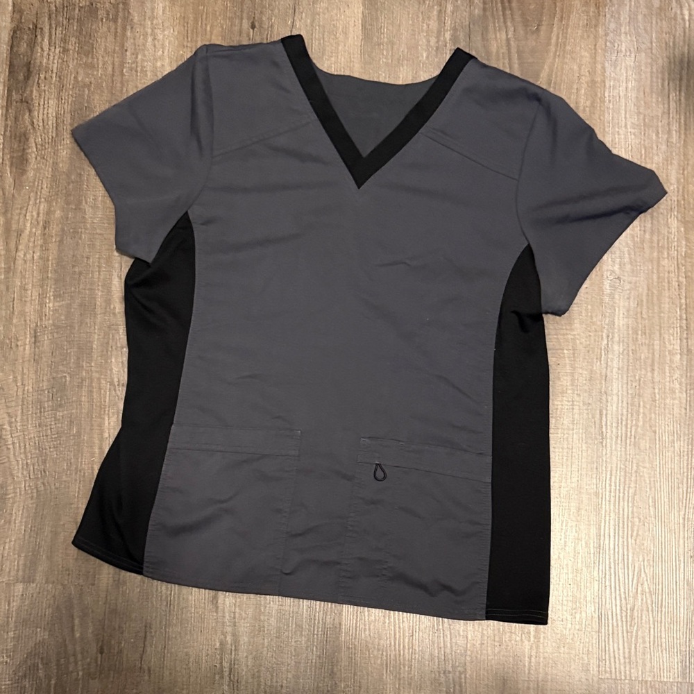 Women's Gray and Black Scrub V-Neck Top